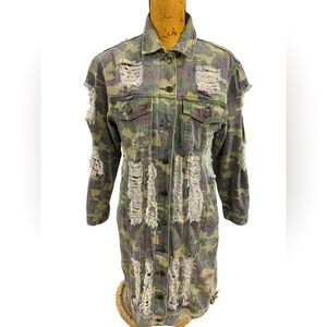 Women’s Green & Black Camo Distressed Thrill Jeans Denim Jacket